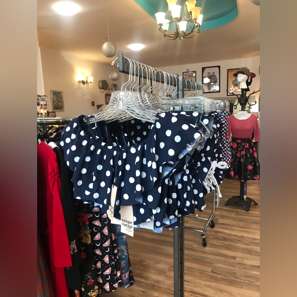 Unique Vintage Ramona Ruffled Swim Bikini Top Polka Dot Navy - Picture 3 of 5
